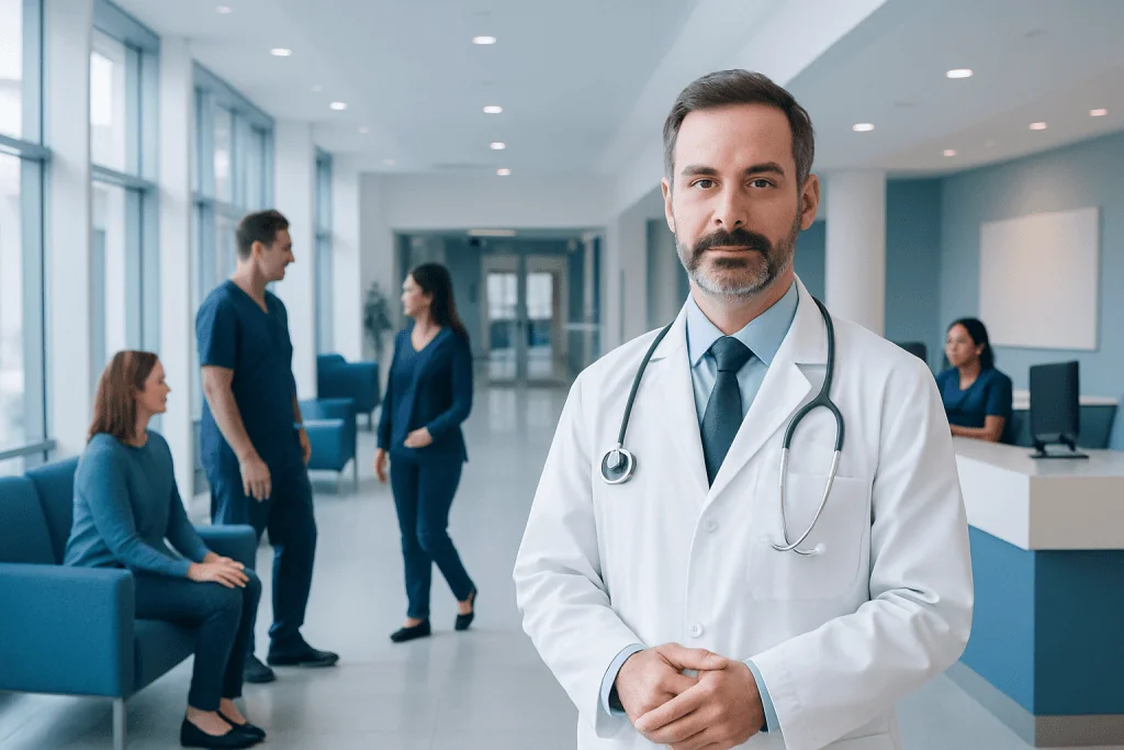 How to Find the Right Neurosurgeon for Your Condition 1 Experienced neurosurgeon in hospital corridor with patients and staff.