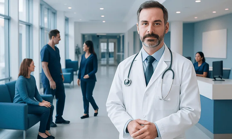 Experienced neurosurgeon in hospital corridor with patients and staff.
