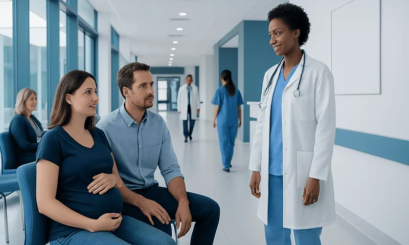 Pregnant woman consulting with OB-GYN in hospital corridor.