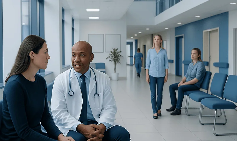 Doctor consulting with a patient in a hospital corridor.