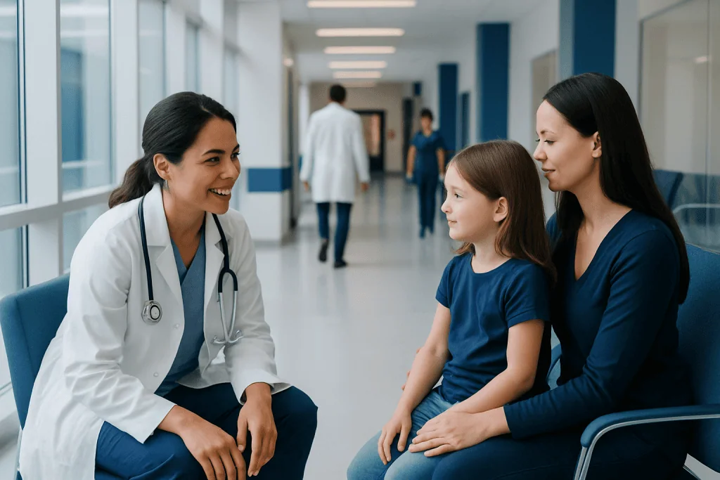 How to Choose the Right Pediatrician for Your Child 1 Pediatrician talking to young girl and mother in hospital corridor.