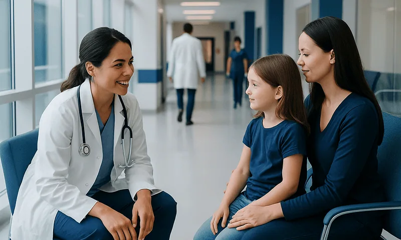 How to Choose the Right Pediatrician for Your Child 10 Pediatrician talking to young girl and mother in hospital corridor.