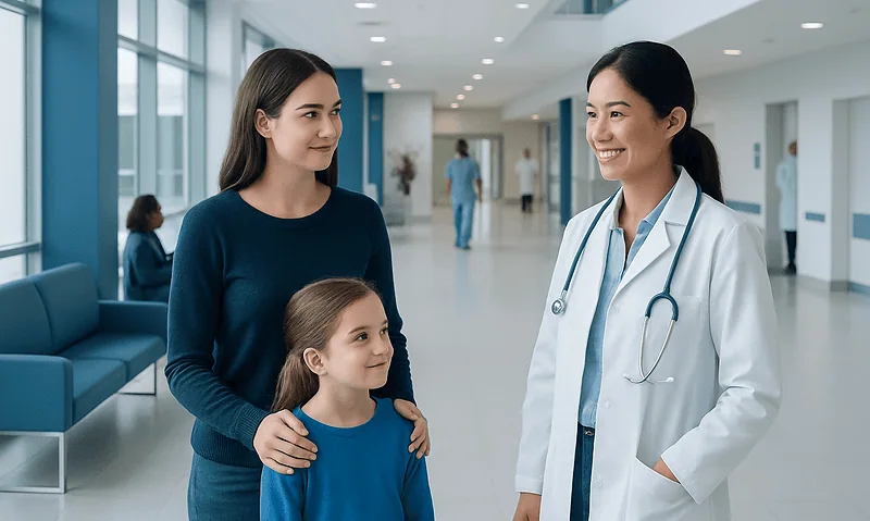 How to Choose the Right Pediatrician: Questions, Credentials, and Red Flags 7 Happy mother and daughter talking to a doctor in hospital corridor.