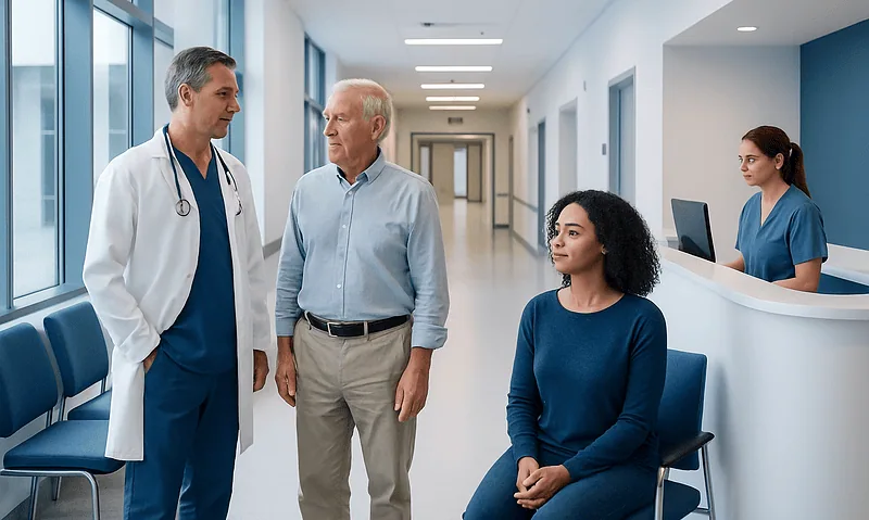Colonoscopy Cost: What Is Included and What Can Change the Price? 5 Doctor consulting with elderly patient in hospital corridor.