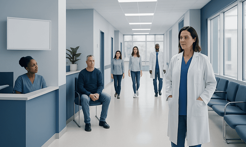 Medical team and patients in a hospital corridor.