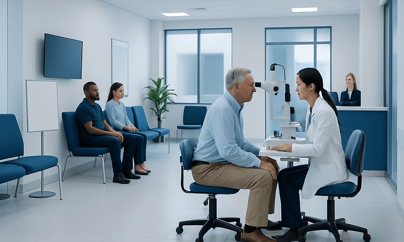 Comprehensive Eye Checkups: What an Eye Care Center Can Detect Early 8 Eye examination at a modern eye care center with doctor and patient.