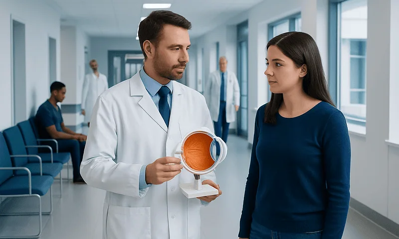 Ophthalmologist explaining contact lenses to a patient in a hospital corridor.
