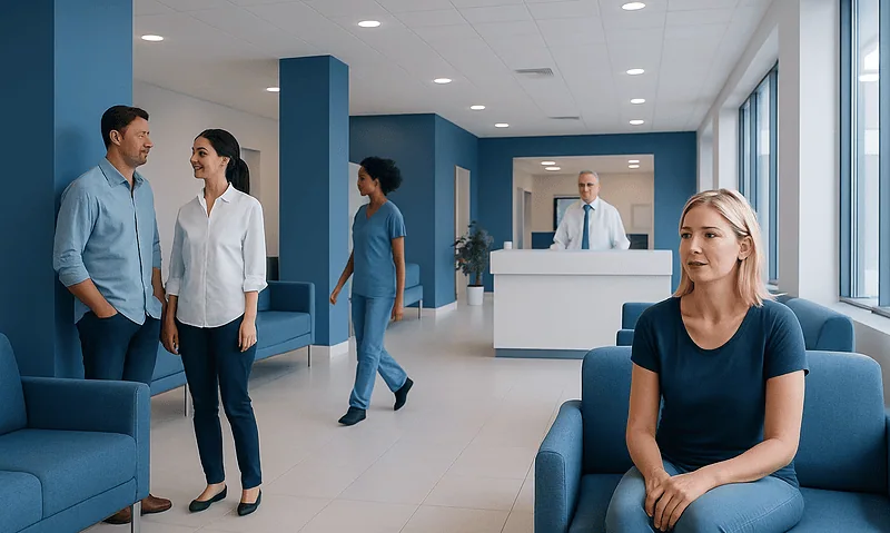 Health Library 8 Patients and staff in a modern hospital waiting area with blue accents.