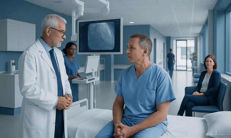 Doctor discussing coronary angiography with patient in hospital room.