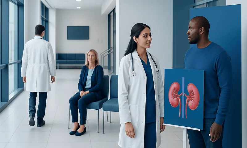 Doctor explaining kidney health to patient in hospital corridor.