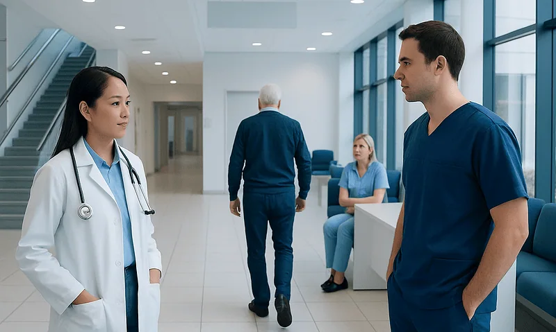 Doctors and patients in a modern hospital corridor.