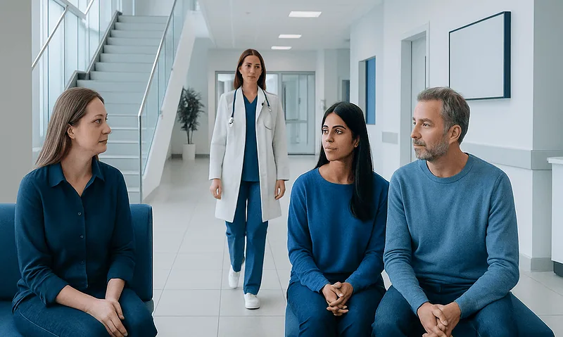 Patients waiting in a hospital corridor with a doctor approaching.