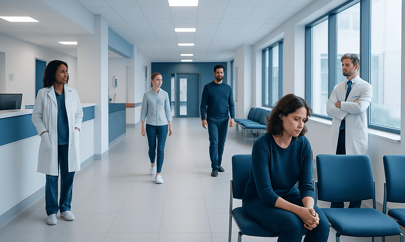 Patients and healthcare professionals in a hospital corridor.