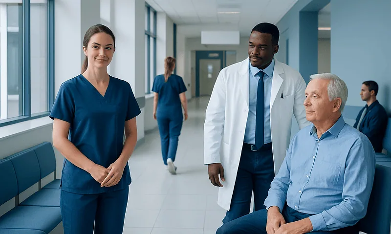 Healthcare professionals consulting with a patient in a hospital corridor.