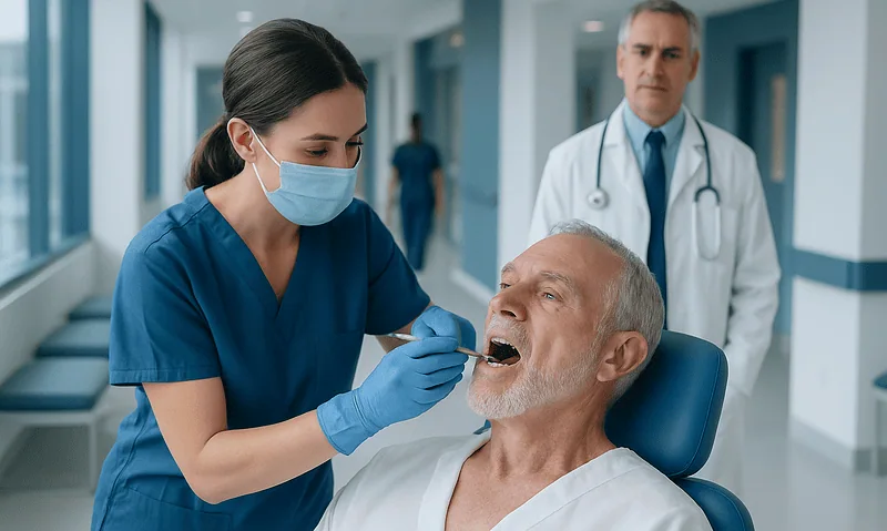 Dental Check-Up Before Heart Bypass Surgery: Reducing Infection Risk 18 Dentist examining elderly man's teeth in a hospital setting.