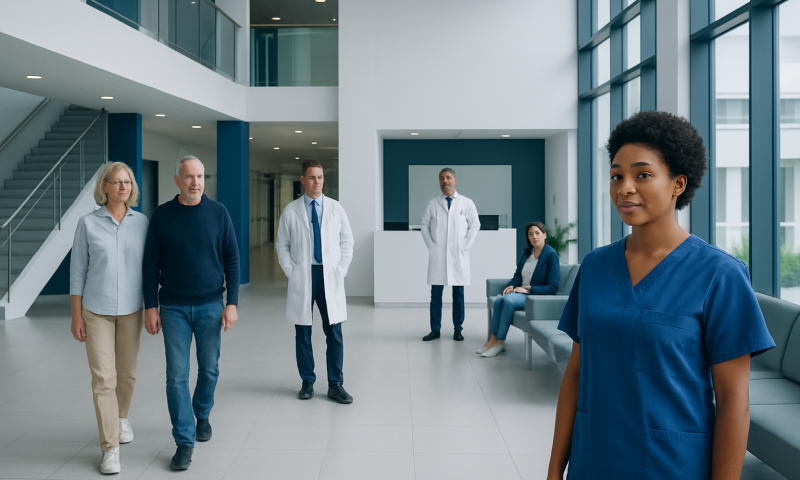 Diverse healthcare team in modern hospital lobby with nurse in foreground.