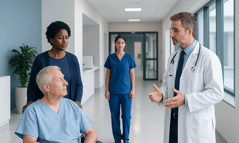 Doctor discussing treatment options with elderly patient in hospital corridor.