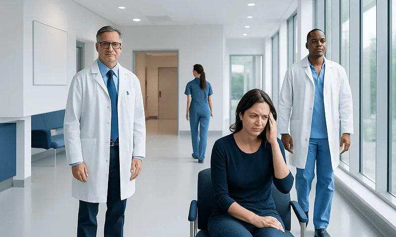 Patient experiencing headache in hospital corridor with doctors nearby.