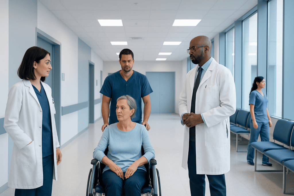 How Neuroimmune Diseases Are Diagnosed: MRI, Spinal Tap, Blood Tests, and Antibodies 1 Medical team consulting with a patient in hospital corridor.