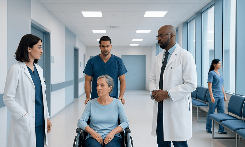 Medical team consulting with a patient in hospital corridor.