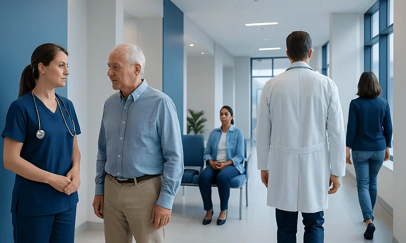 Healthcare professionals and patients in a modern hospital corridor.