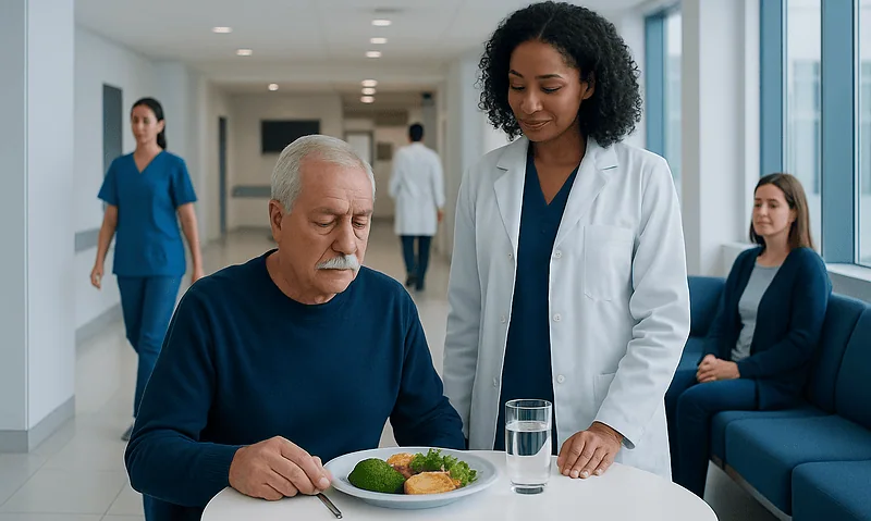 Patient with healthcare staff in a hospital corridor after heart surgery.