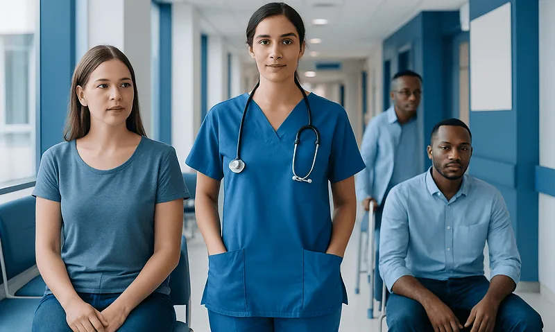 Healthcare professionals in a hospital corridor, emphasizing patient care and medical teamwork.