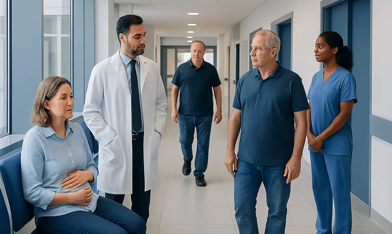 Digestive Health Myths: Facts About Fiber, Enzymes, and 'Gut Cleanses' 18 Medical consultation in hospital corridor with diverse healthcare professionals.