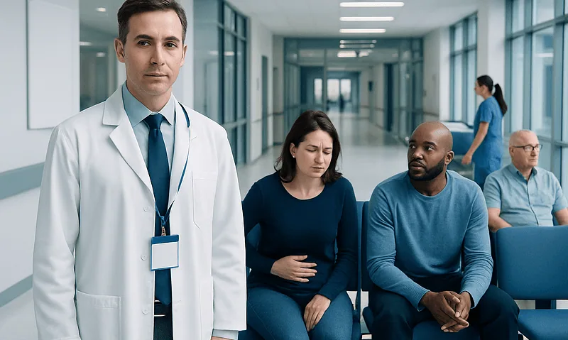 Doctor with patients in a hospital corridor.