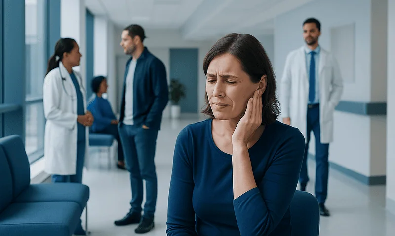 Woman experiencing ear pain in a hospital corridor with medical staff nearby.