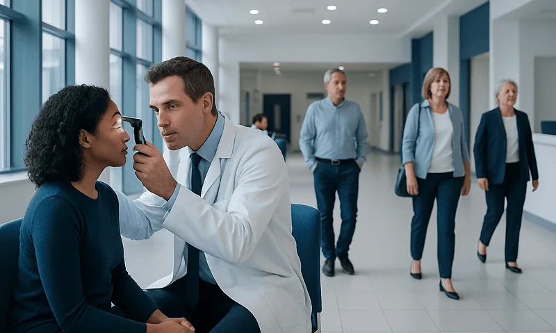 Ophthalmologist examining a patient's eyes in a hospital corridor.