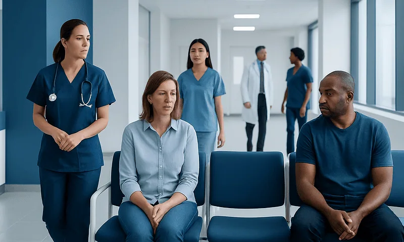 Patients waiting in a hospital corridor with medical staff nearby.