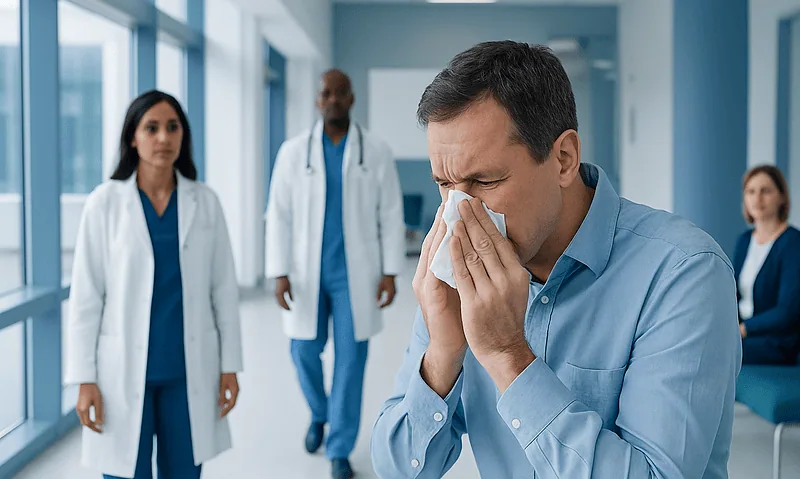 Man with a cold blowing his nose in a hospital corridor.