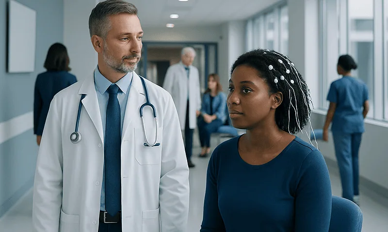 Doctor consulting a patient in a hospital corridor with medical staff in background.