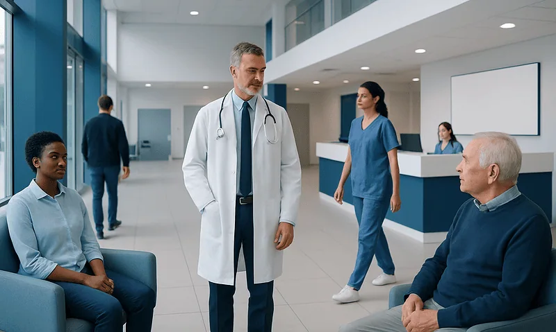 Doctor consulting with elderly patient in hospital lobby.