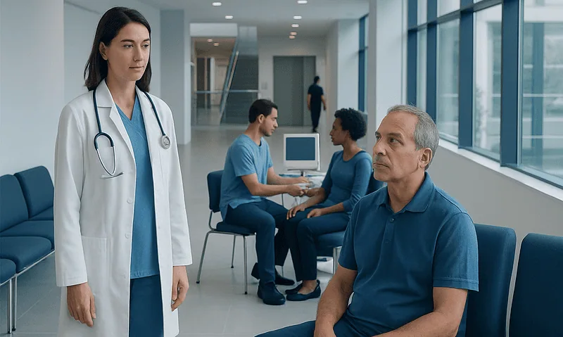 Doctor and patients in a hospital corridor with large windows and modern design.