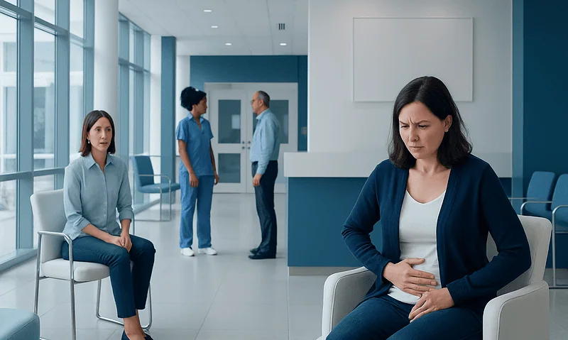 Woman experiencing pelvic pain in a hospital waiting area.