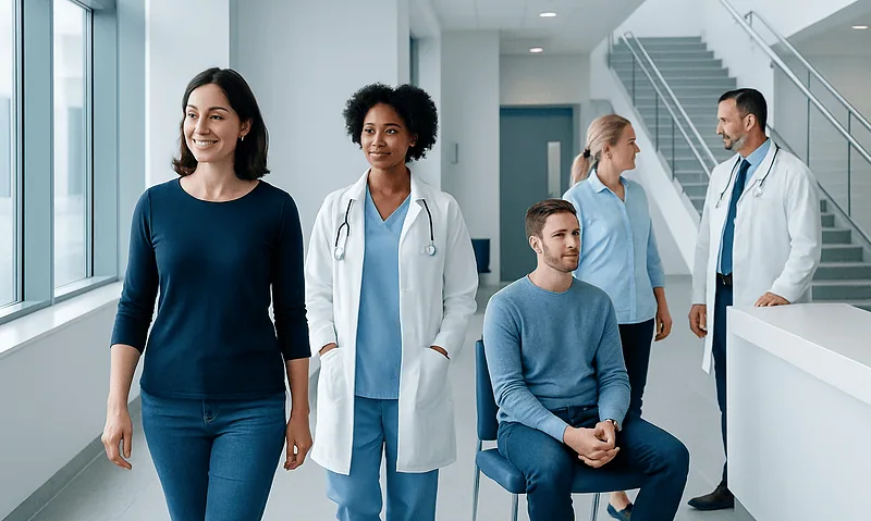 Diverse medical team in hospital corridor with patient and staff.