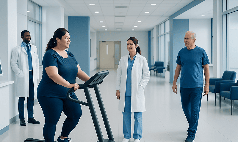 Patient walking on treadmill with medical staff in hospital corridor.