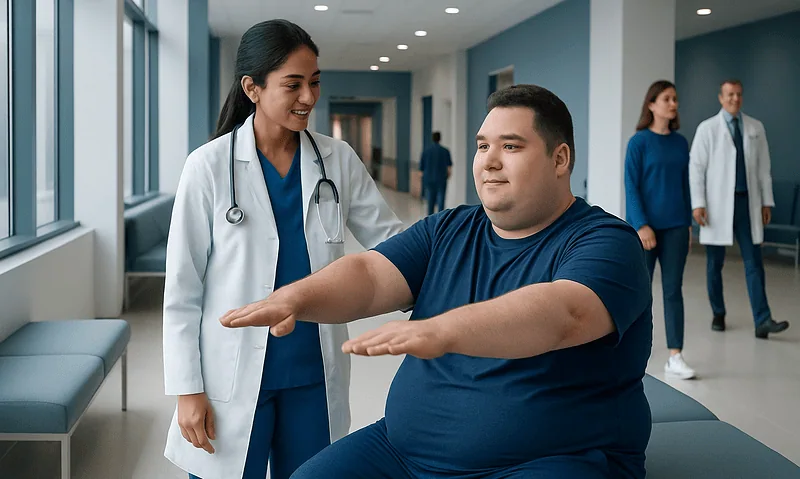 Doctor assisting a patient with stretching exercises in a hospital corridor.