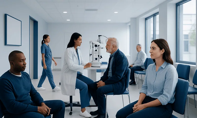 Doctor consulting elderly patient in a modern hospital waiting area.