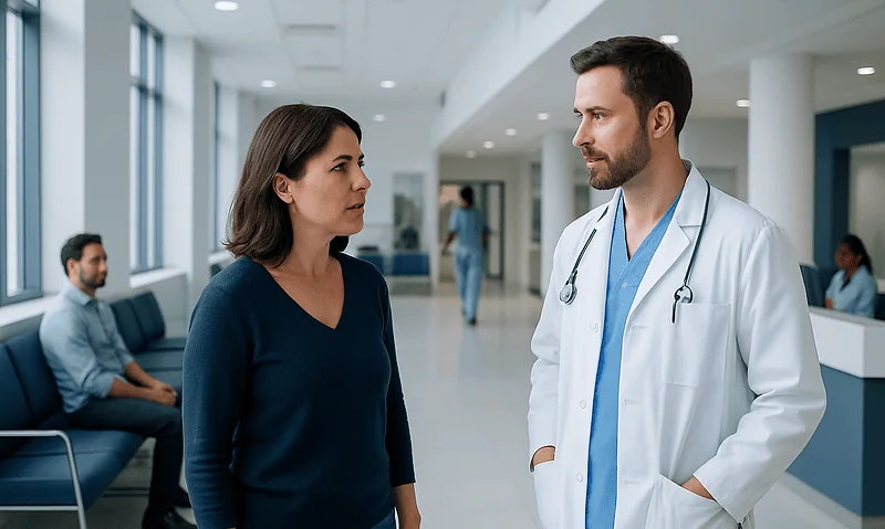 Doctor consulting a patient in a modern hospital corridor.