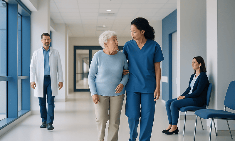 Elderly woman walking with nurse in hospital corridor with staff in background.