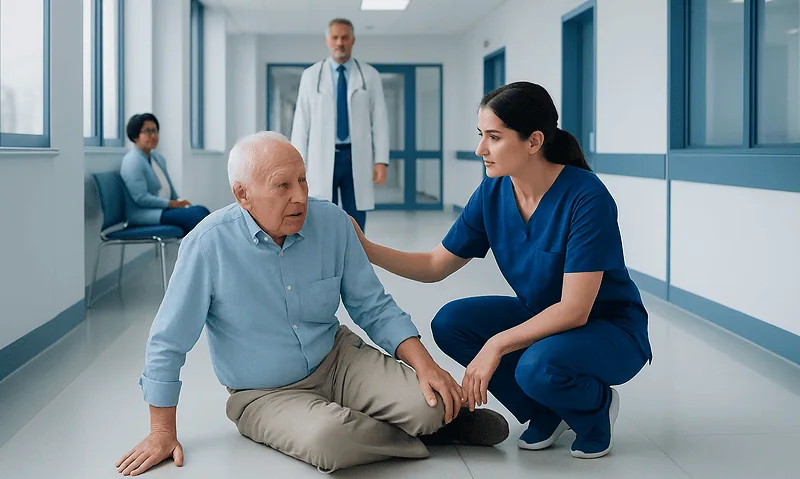 Elderly man receiving medical care from a nurse in hospital corridor.