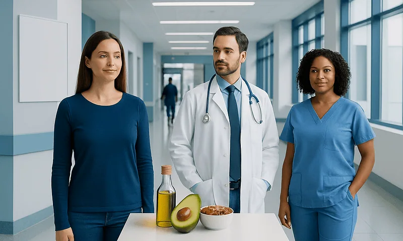 Healthcare professionals discussing healthy fats in hospital corridor.