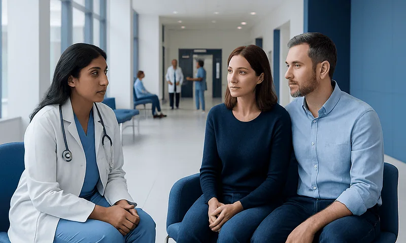 Doctor consulting with a couple in a modern hospital corridor.