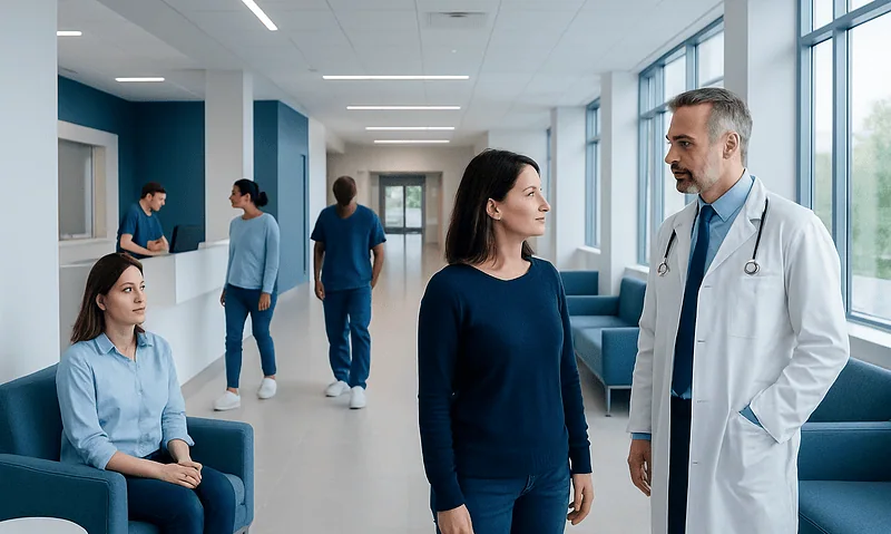 Patients and doctor in a modern hospital corridor.