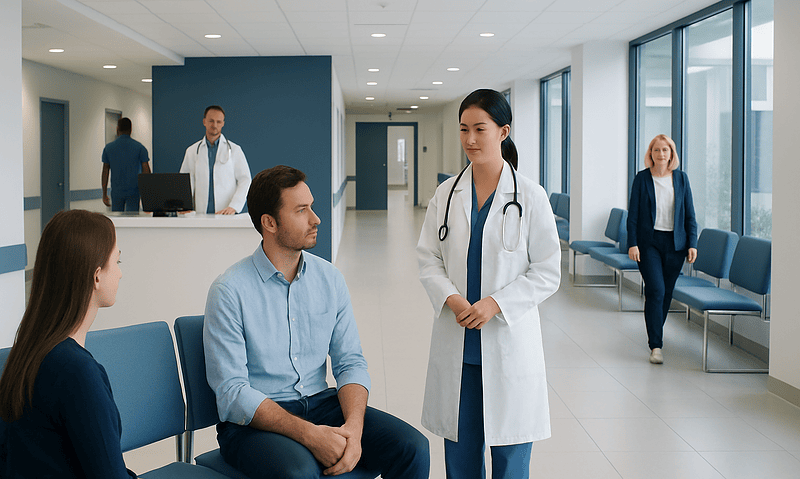 Doctor consulting with patients in a modern hospital waiting area.