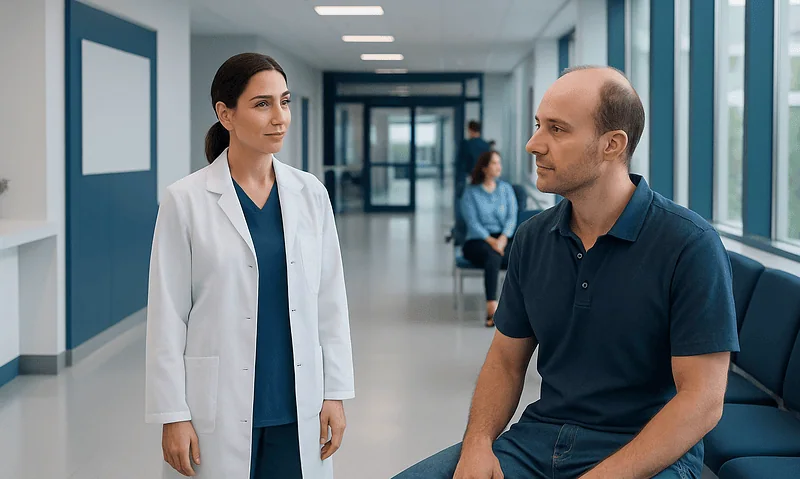 Doctor consulting a patient in a modern hospital corridor.