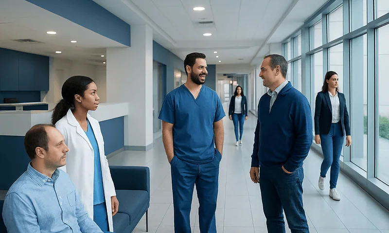 Hospital staff and visitors in a modern medical facility corridor.